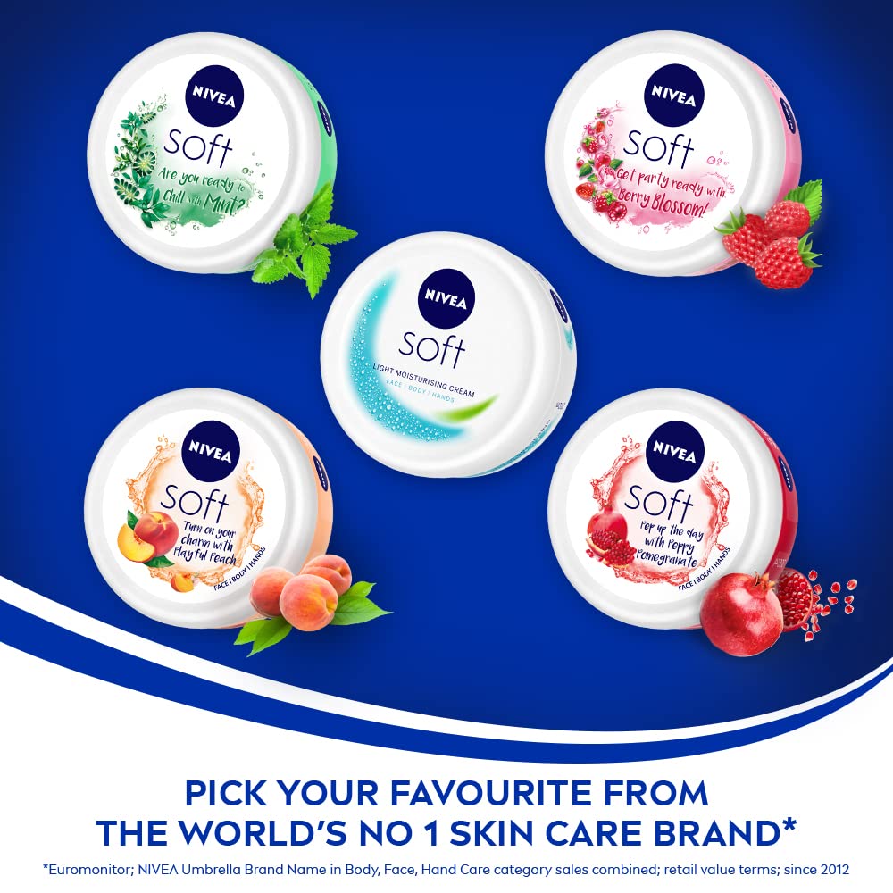 NIVEA Soft Light Moisturizer 200ml | Peppy Pomegranate | For Face, Hand & Body, Instant Hydration | Non-Greasy Cream | With Vitamin E & Jojoba Oil | All Skin Types (Pack of 2)