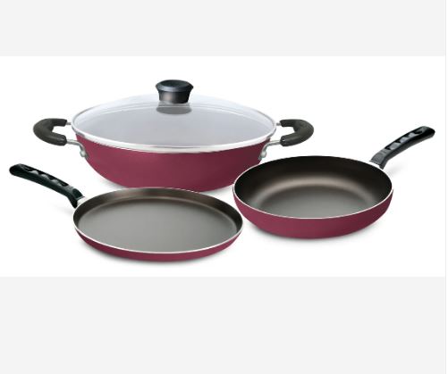 Nirlep by Bajaj Electricals Sakhi Gift Set Non Stick Induction Set of Flat Tawa, Fry Pan & Kadhai with Lid