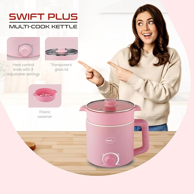 Pigeon by Stovekraft Swift Plus Multi-Cook Kettle 1.5L with Steamer, Egg Rack - Pink