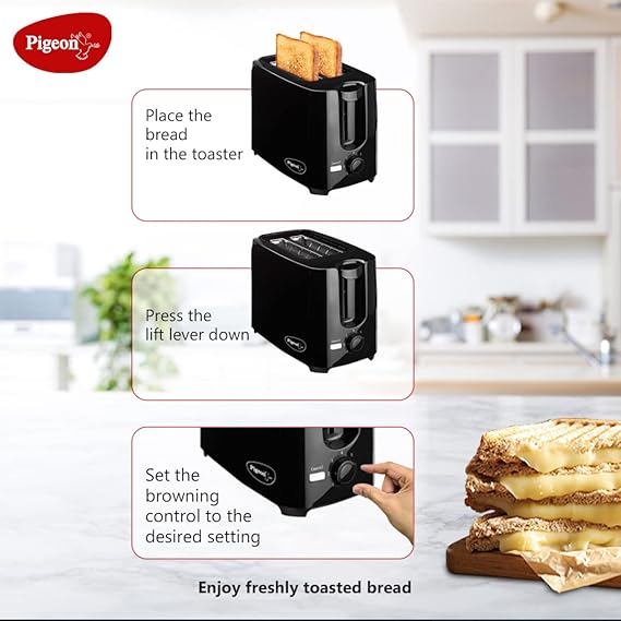 Pigeon 2 Slice Auto Pop up Toaster. A Smart Bread Toaster for Your Home (750 Watt) (Black)