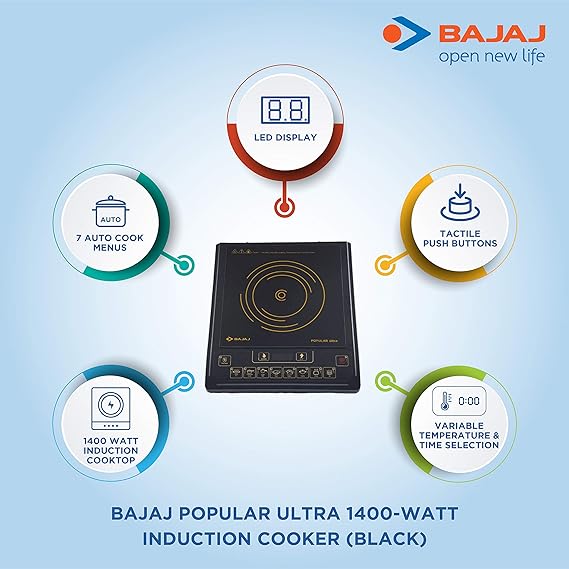 Bajaj Popular Ultra 1400W Induction Cooktop | Pan Sensor Technology | Voltage Pro Technology | LED Display