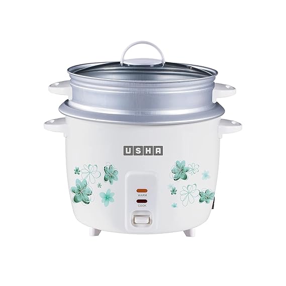 USHA RC18GS2 Steamer 700 Watt Automatic Rice Cooker 1.8 Litres with Powerful Heating Element, Keep Rice Warm for 5 Hrs, 2 Cooking Pans, Steamer, Trivet Plate & more accessories, (White)