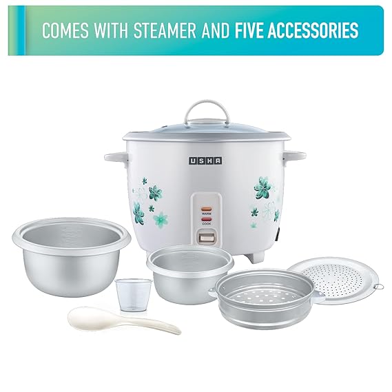 USHA RC18GS2 Steamer 700 Watt Automatic Rice Cooker 1.8 Litres with Powerful Heating Element, Keep Rice Warm for 5 Hrs, 2 Cooking Pans, Steamer, Trivet Plate & more accessories, (White)