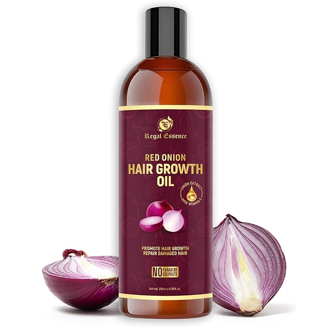 REGAL ESSENCE Red Onion Hair Growth Oil | Hair Oil for Dandruff | Onion Oil with Aloe Vera, Bhringraj, Hibiscus, Amla, Coconut, Neem & Brahmi | Hair Oil for Strong Hair | 200 ML (Pack Of 1)