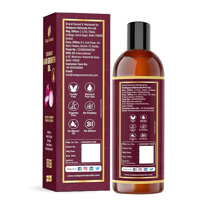 REGAL ESSENCE Red Onion Hair Growth Oil | Hair Oil for Dandruff | Onion Oil with Aloe Vera, Bhringraj, Hibiscus, Amla, Coconut, Neem & Brahmi | Hair Oil for Strong Hair | 200 ML (Pack Of 1)