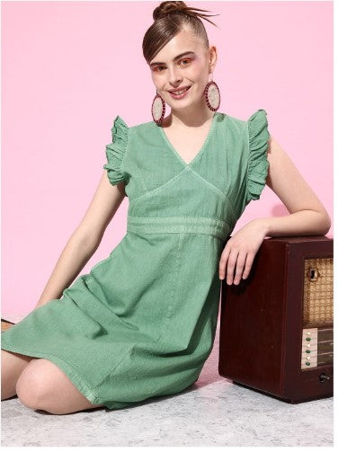 Roadster The Life Co. Soft Green Winter Ramble Feminine Frills Empire Dress (Large)