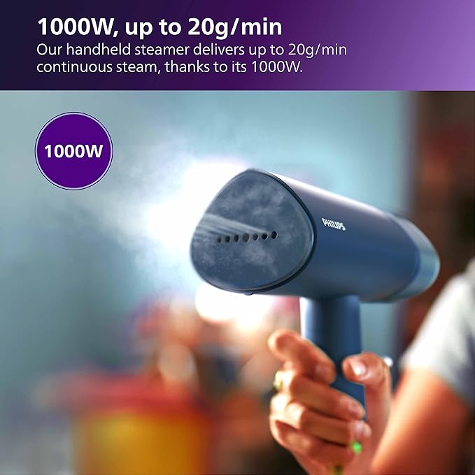 PHILIPS Handheld Garment Steamer STH3000/20 - Compact & Foldable, Convenient Vertical Steaming, 1000 Watt Quick Heat Up, up to 20g/min, Kills 99.9%* Bacteria (Reno Blue), Small