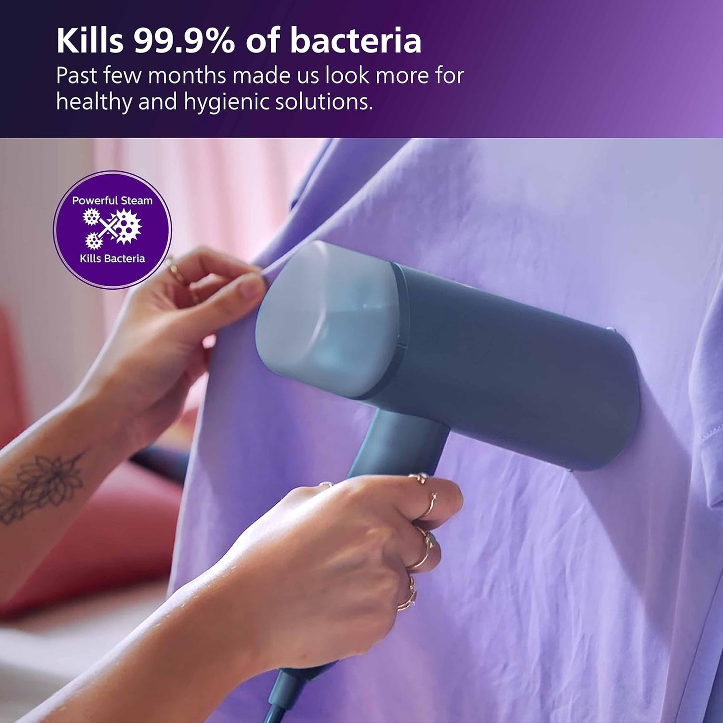 PHILIPS Handheld Garment Steamer STH3000/20 - Compact & Foldable, Convenient Vertical Steaming, 1000 Watt Quick Heat Up, up to 20g/min, Kills 99.9%* Bacteria (Reno Blue), Small