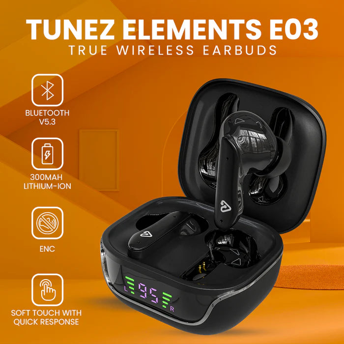 Tunez Elements E03 True Wireless Earbuds | Siri & Google Assistant compatible, IPX4 sweatproof, 3C Fast Charging