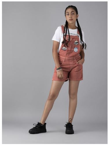 UTH by Roadster Girls Brown Solid Dungaree with Applique Detail