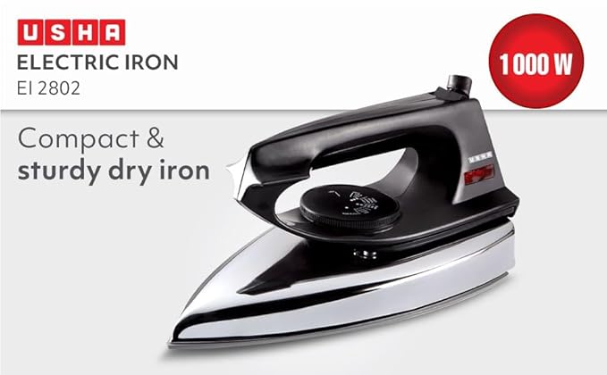 Usha 2802 1000Watt Dry Iron with Metal Body | Single Coat Black Non Stick Soleplate for longer durability