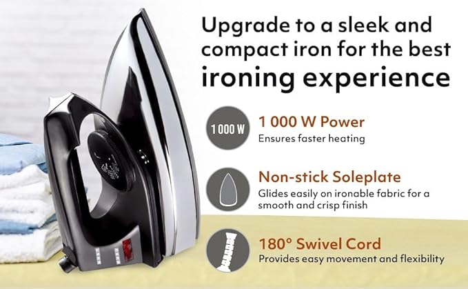 Usha 2802 1000Watt Dry Iron with Metal Body | Single Coat Black Non Stick Soleplate for longer durability