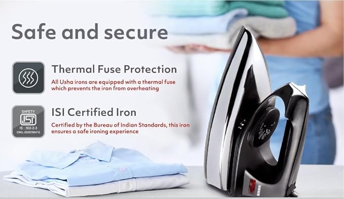 Usha 2802 1000Watt Dry Iron with Metal Body | Single Coat Black Non Stick Soleplate for longer durability