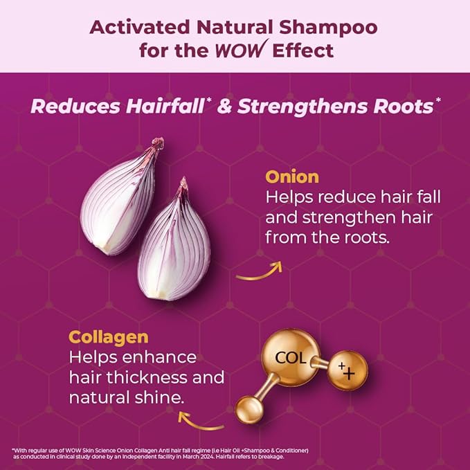 WOW Skin Science Onion & Collagen Anti-Hairfall Shampoo|Reduces Hairfall|Strengthens Roots|Nourishes Scalp|Prevents Breakage|Enhances Hair Thickness and Shine|New & Improved Formulation|300ml (Pack of 2)