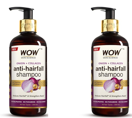 WOW Skin Science Onion & Collagen Anti-Hairfall Shampoo|Reduces Hairfall|Strengthens Roots|Nourishes Scalp|Prevents Breakage|Enhances Hair Thickness and Shine|New & Improved Formulation|300ml (Pack of 2)