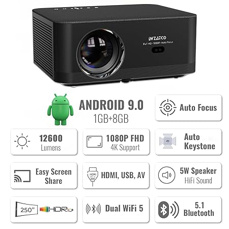 WZATCO Neo Smart Projector 4k Ultra HD, Native 1080p, Fully Automatic, 4K HDR, Built-in - Netflix, Prime, YouTube, Speaker, Dual WiFi, 250" Home Cinema, Black