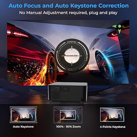 WZATCO Neo Smart Projector 4k Ultra HD, Native 1080p, Fully Automatic, 4K HDR, Built-in - Netflix, Prime, YouTube, Speaker, Dual WiFi, 250" Home Cinema, Black