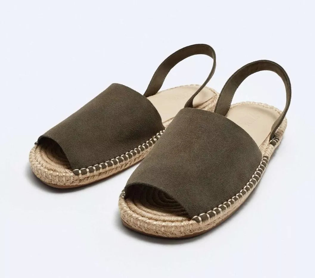 ZARA Men's SS 2024 collection MULE FLAT CUT 100% SUEDE LEATHER SANDALS Khaki UK-8