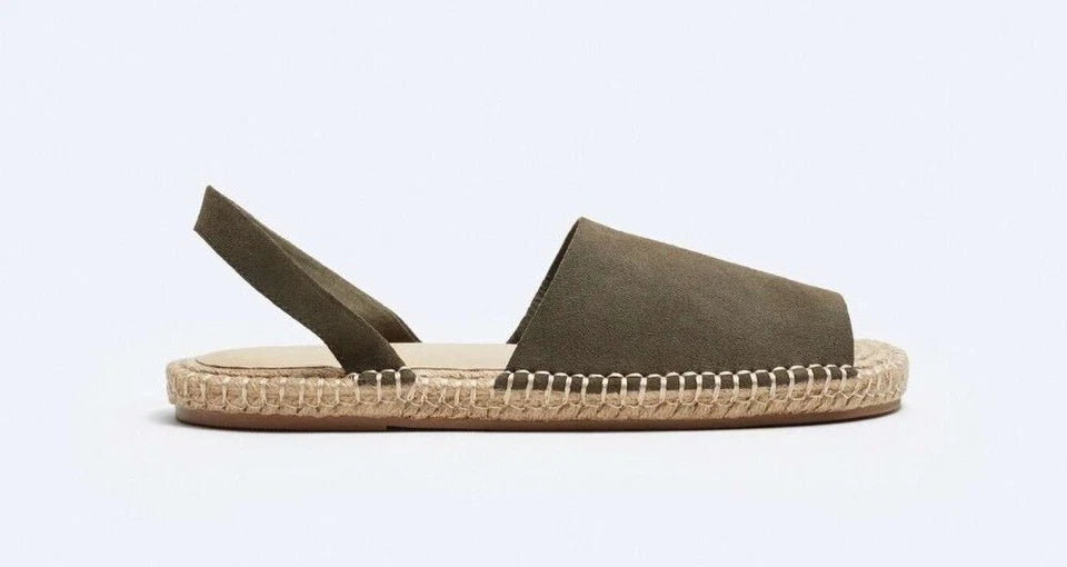 ZARA Men's SS 2024 collection MULE FLAT CUT 100% SUEDE LEATHER SANDALS Khaki UK-8