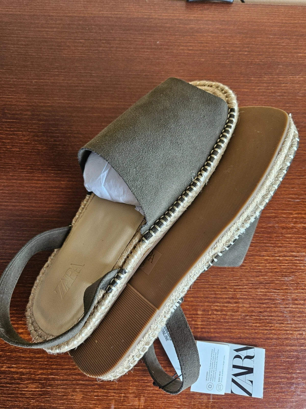 ZARA Men's SS 2024 collection MULE FLAT CUT 100% SUEDE LEATHER SANDALS Khaki UK-8