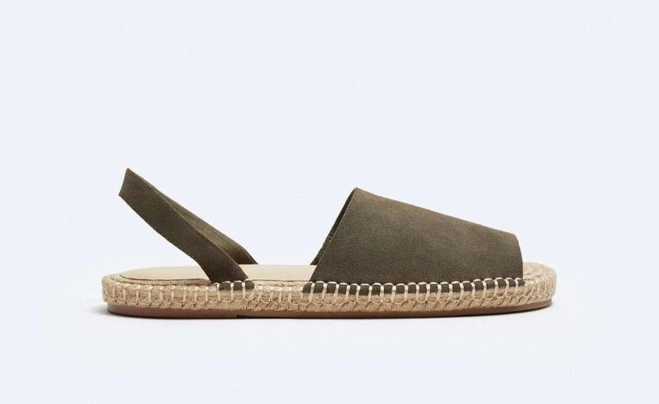 ZARA Men's SS 2024 collection MULE FLAT CUT 100% SUEDE LEATHER SANDALS Khaki UK-8