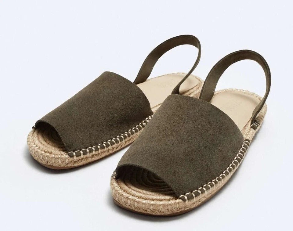 ZARA Men's SS 2024 collection MULE FLAT CUT 100% SUEDE LEATHER SANDALS Khaki UK-8
