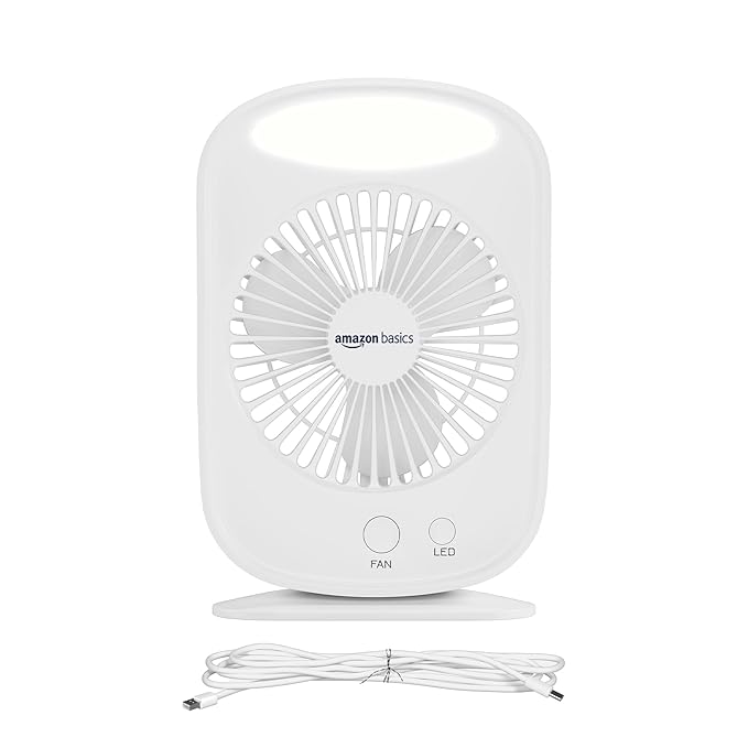 amazon basics Mini Rechargeable Portable Fan with LED Lighting | USB Charging | 3 Speeds & 3 Light Settings | 1800mAh Battery for upto 6.5-Hour Backup (White)