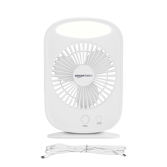amazon basics Mini Rechargeable Portable Fan with LED Lighting | USB Charging | 3 Speeds & 3 Light Settings | 1800mAh Battery for upto 6.5-Hour Backup (White)