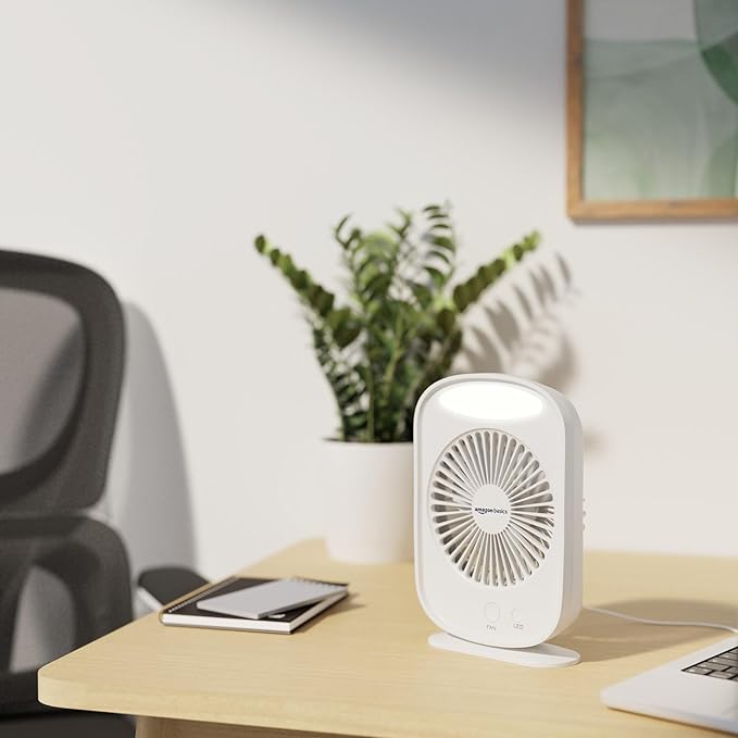 amazon basics Mini Rechargeable Portable Fan with LED Lighting | USB Charging | 3 Speeds & 3 Light Settings | 1800mAh Battery for upto 6.5-Hour Backup (White)