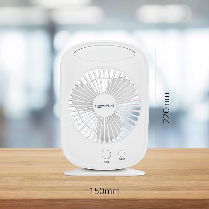 amazon basics Mini Rechargeable Portable Fan with LED Lighting | USB Charging | 3 Speeds & 3 Light Settings | 1800mAh Battery for upto 6.5-Hour Backup (White)