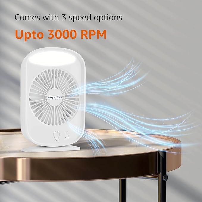 amazon basics Mini Rechargeable Portable Fan with LED Lighting | USB Charging | 3 Speeds & 3 Light Settings | 1800mAh Battery for upto 6.5-Hour Backup (White)