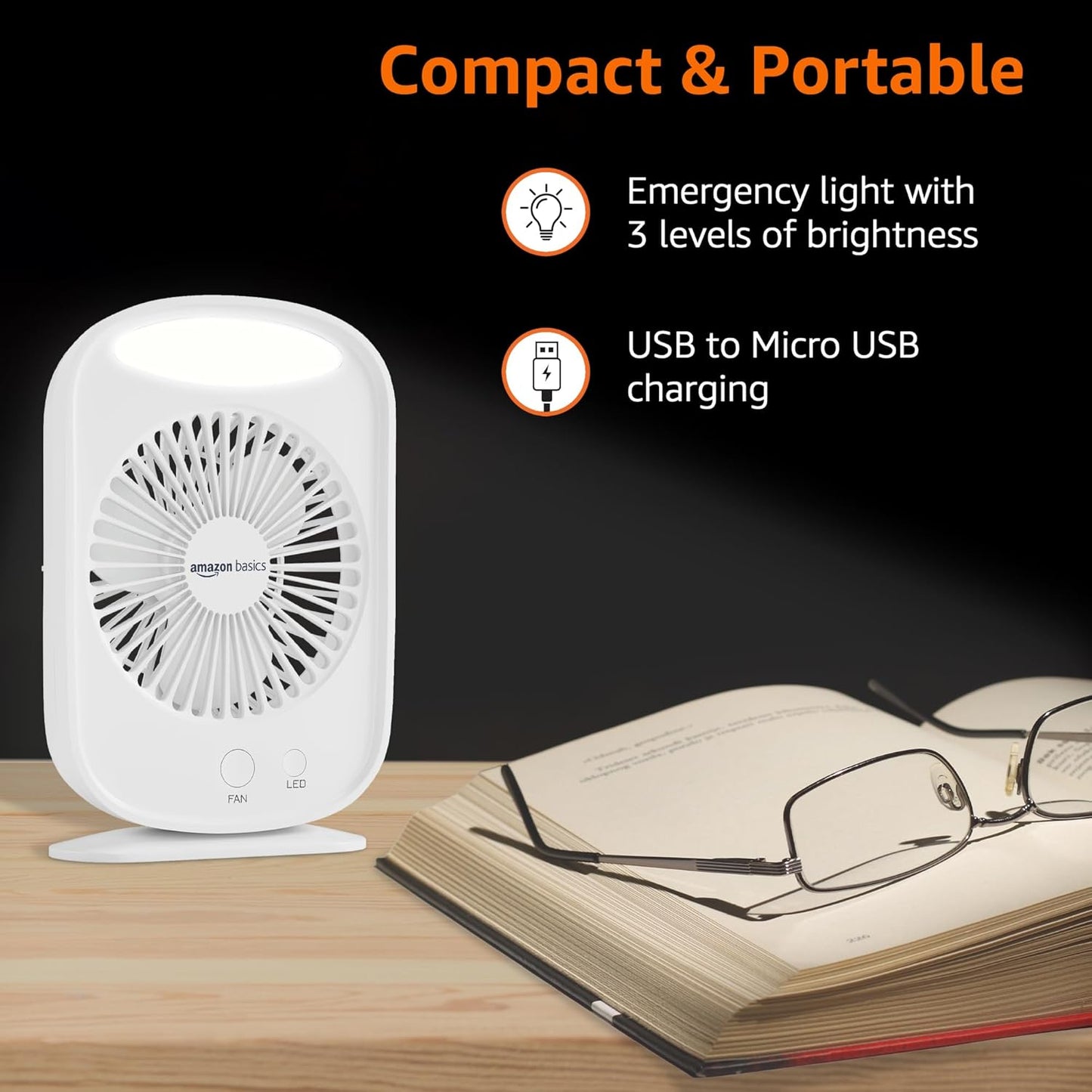 amazon basics Mini Rechargeable Portable Fan with LED Lighting | USB Charging | 3 Speeds & 3 Light Settings | 1800mAh Battery for upto 6.5-Hour Backup (White)