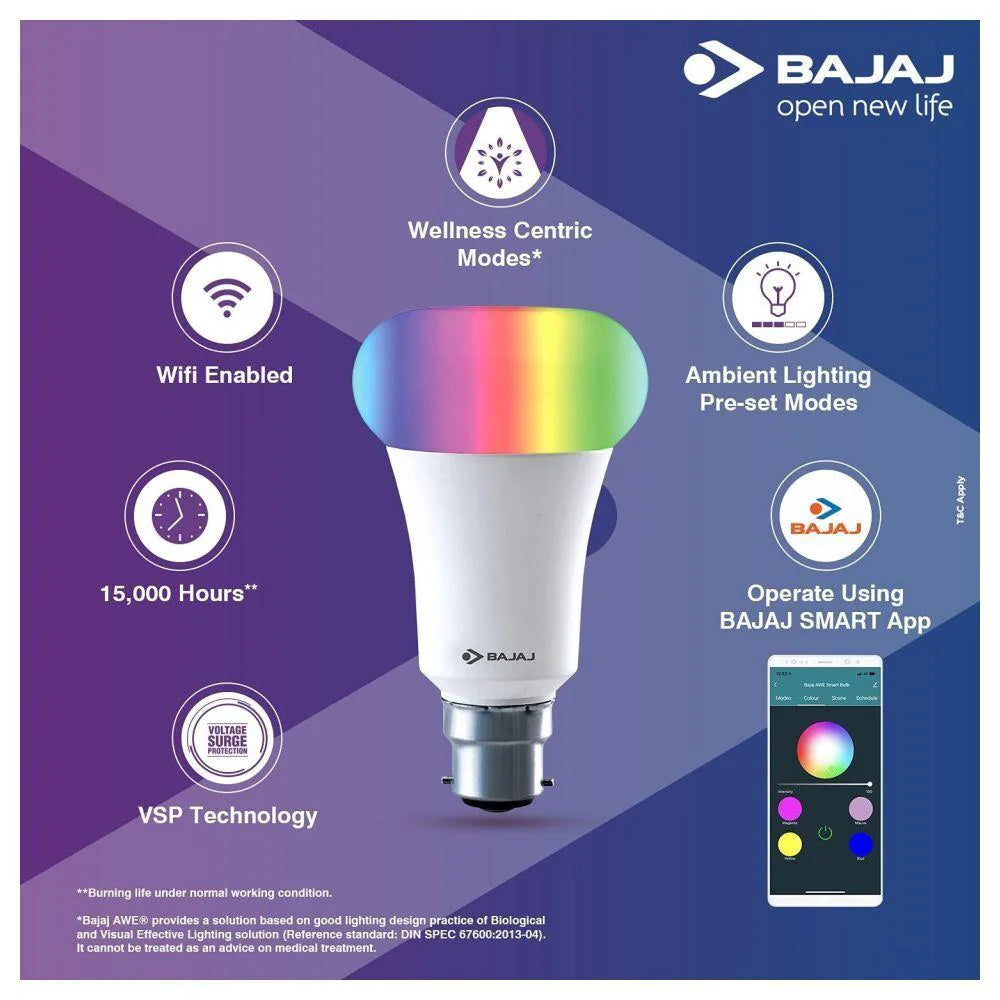 Bajaj AWE Plus 9 Watts Wi-Fi Smart LED Bulb.