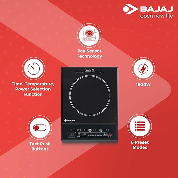 Bajaj Majesty ICX Neo 1600W Induction Glass Ceramic Cooktop With Pan Sensor And Voltage Pro Technology, Black