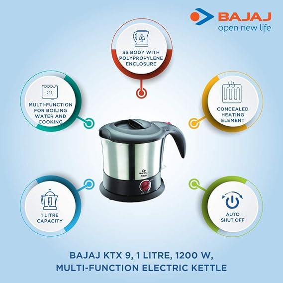 Bajaj Majesty KTX 9 Kettle | 1L Capacity | 1200 Watts with Stainless Steel Body | Multi-Function for Boiling Water & Cooking | Auto Shut-Off