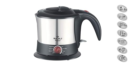 Bajaj Majesty KTX 9 Kettle | 1L Capacity | 1200 Watts with Stainless Steel Body | Multi-Function for Boiling Water & Cooking | Auto Shut-Off