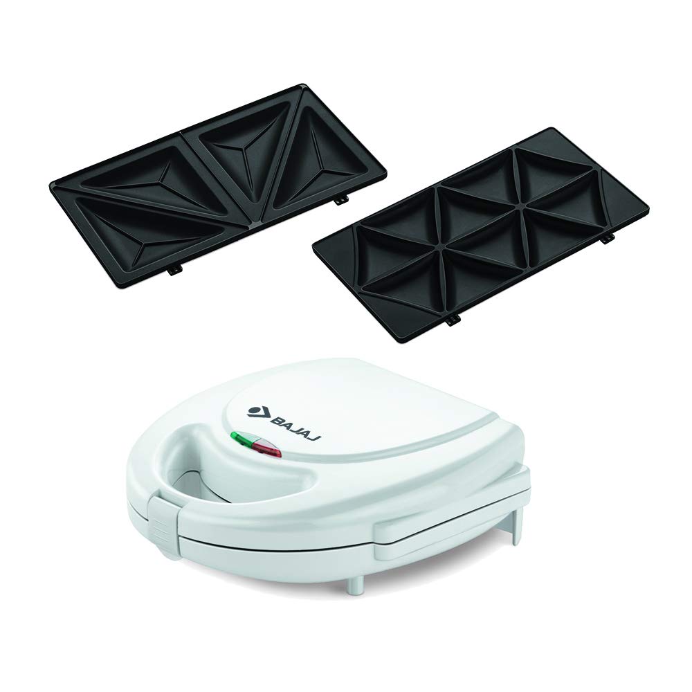Bajaj 750 Watts Sandwich and Samosa Maker with Interchangeable Plates, Thermostat Control for Variable Temperature, Non-Stick Coated Plates for Easy Cleaning, White Sandwich Maker