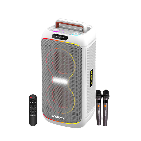 GIZMORE T200 CLUB 200W Thunder DJ Party Speaker with Dual Wireless Mic, RGB Lights, AC Charging, TWS Connectivity, Portable Bluetooth Speaker -White