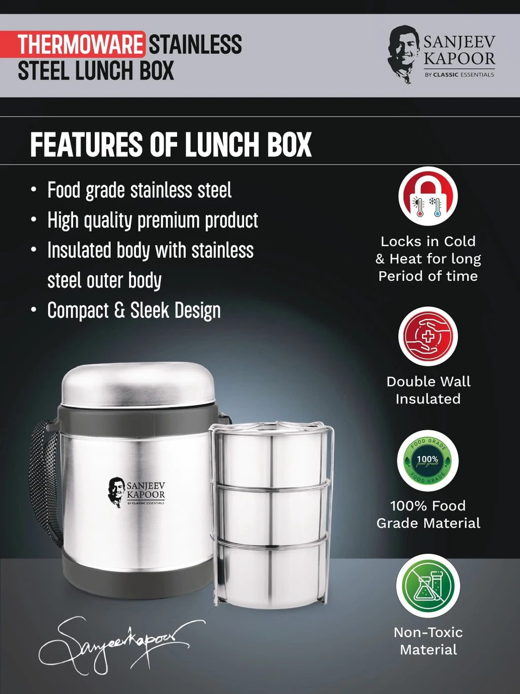 Sanjeev Kapoor by Classic Essentials Insulated 3 Layer Thermo Steelo 3 Containers Stainless Steel Office Lunch Box (1050 ml)