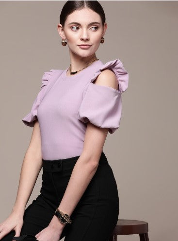 bebe Lavender Frost Brighter Basics Solid Cut Out Puff Sleeves Ruffles Top (Size-S)