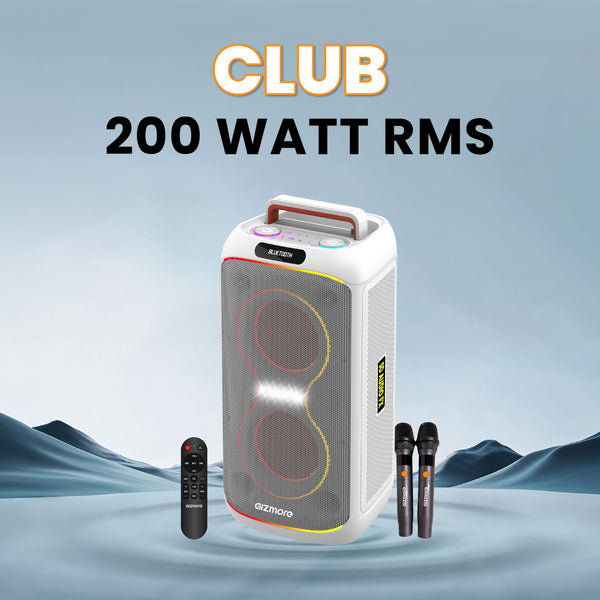 GIZMORE T200 CLUB 200W Thunder DJ Party Speaker with Dual Wireless Mic, RGB Lights, AC Charging, TWS Connectivity, Portable Bluetooth Speaker -White