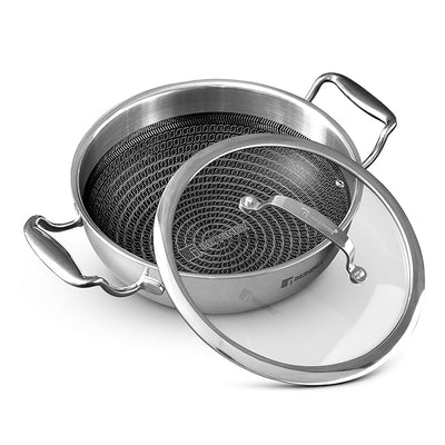 Bergner Hi-Tech TriPly Stainless Steel 26cm (3.9L) Kadai with Glass Lid, Honeycomb Non-Stick Coating, Non-Toxic, Healthy Cooking, Less Oil Use, Durable Handle, Excellent Grip - Induction and Gas Ready
