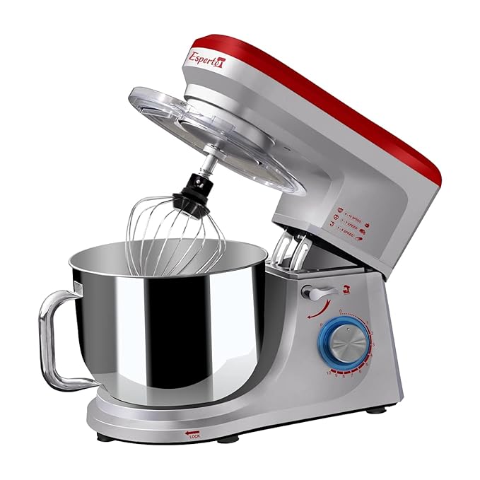 INALSA Stand Mixer Professional Esperto-1400W | 100% Pure Copper Motor| 6L SS Bowl| Includes Whisking Cone, Mixing Beater & Dough Hook (Silver/Red)
