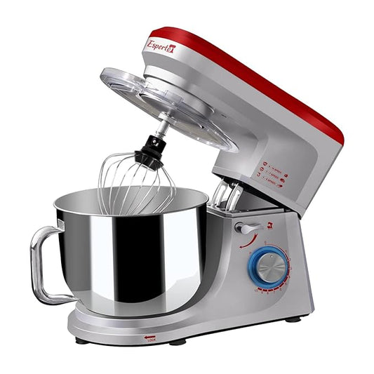 INALSA Stand Mixer Professional Esperto-1400W | 100% Pure Copper Motor| 6L SS Bowl| Includes Whisking Cone, Mixing Beater & Dough Hook (Silver/Red)