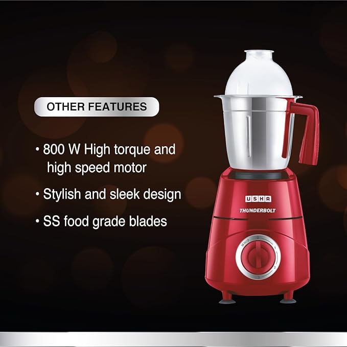 USHA Thunderbolt 800W Copper Motor Mixer Grinder with 3 Jars (Red)