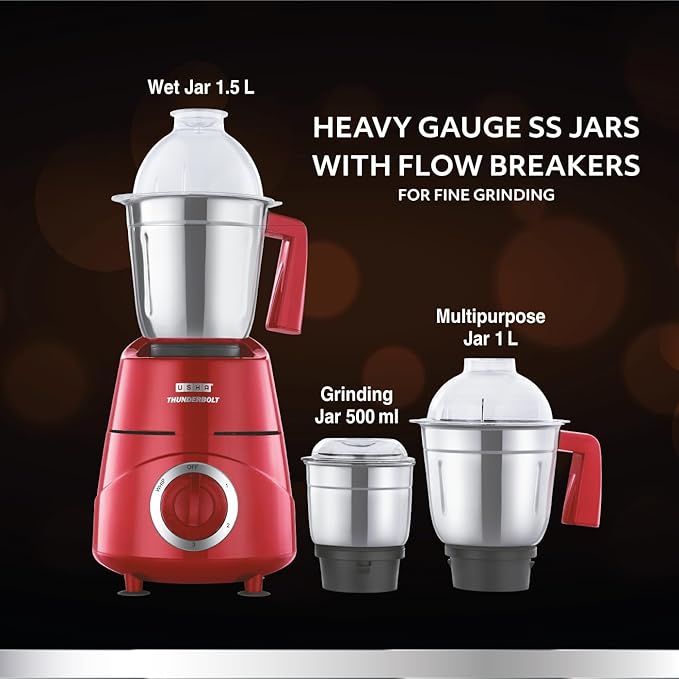 USHA Thunderbolt 800W Copper Motor Mixer Grinder with 3 Jars (Red)