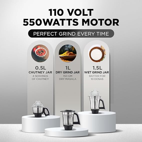 PREETHI STEELE MG 206 110 VOLTS MIXER GRINDER 550 WATT 3 JARS (SILVER/BLACK)