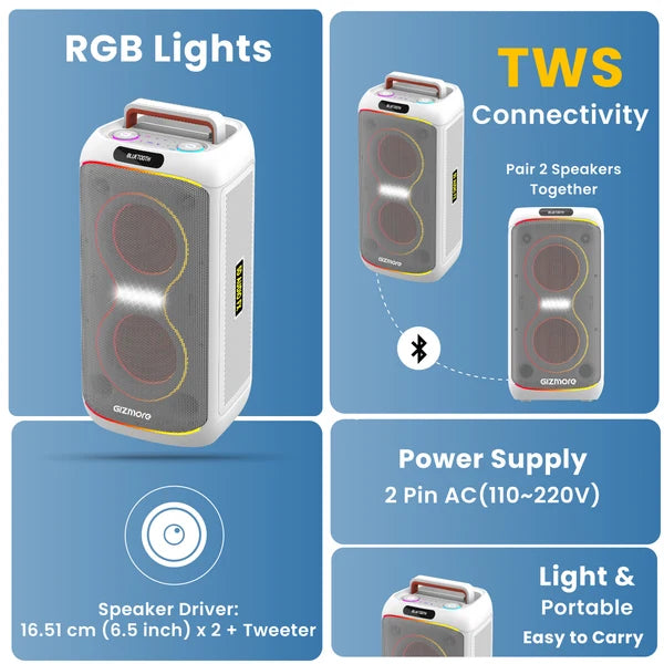 GIZMORE T200 CLUB 200W Thunder DJ Party Speaker with Dual Wireless Mic, RGB Lights, AC Charging, TWS Connectivity, Portable Bluetooth Speaker -White