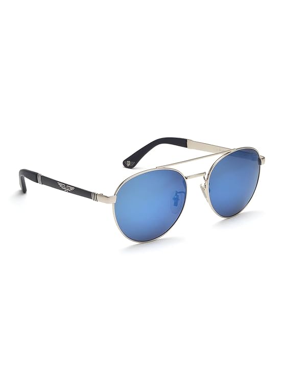 Police sunglasses| 100% UV protected Gradient Full Rim Round Men Large Shiny Silver Alloy Metal Frame Blue Mirror (SPL891)