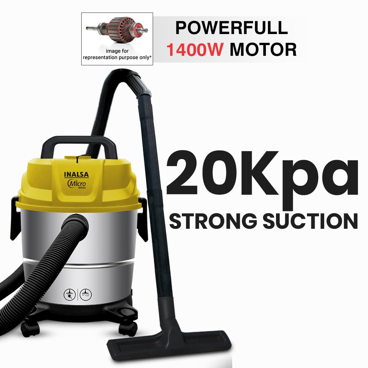 INALSA Wet and Dry Vacuum Cleaner for Home, 15 LTR Capacity,1400 W, 20 kPa Suction, Blower Function,HEPA Filter, Wet Vacuum Cleaner for Sofa, House Cleaning Machine,Stainless Steel Body (WD 15)